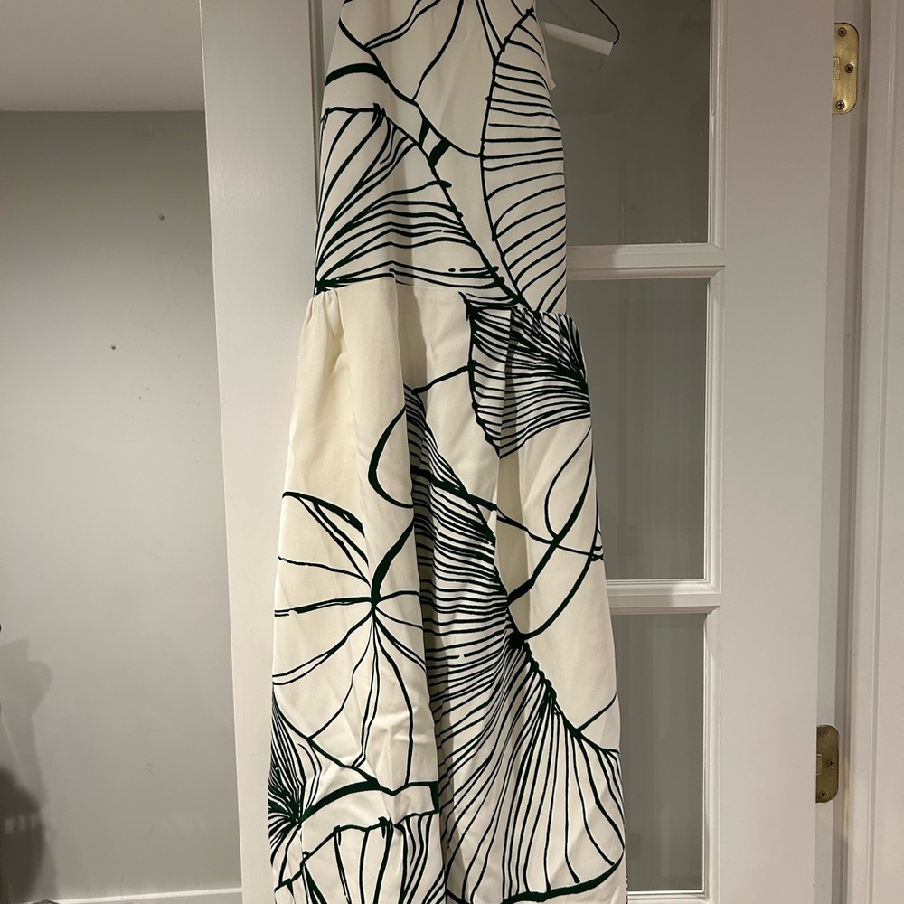 White and Green Leaf Print Halter Dress